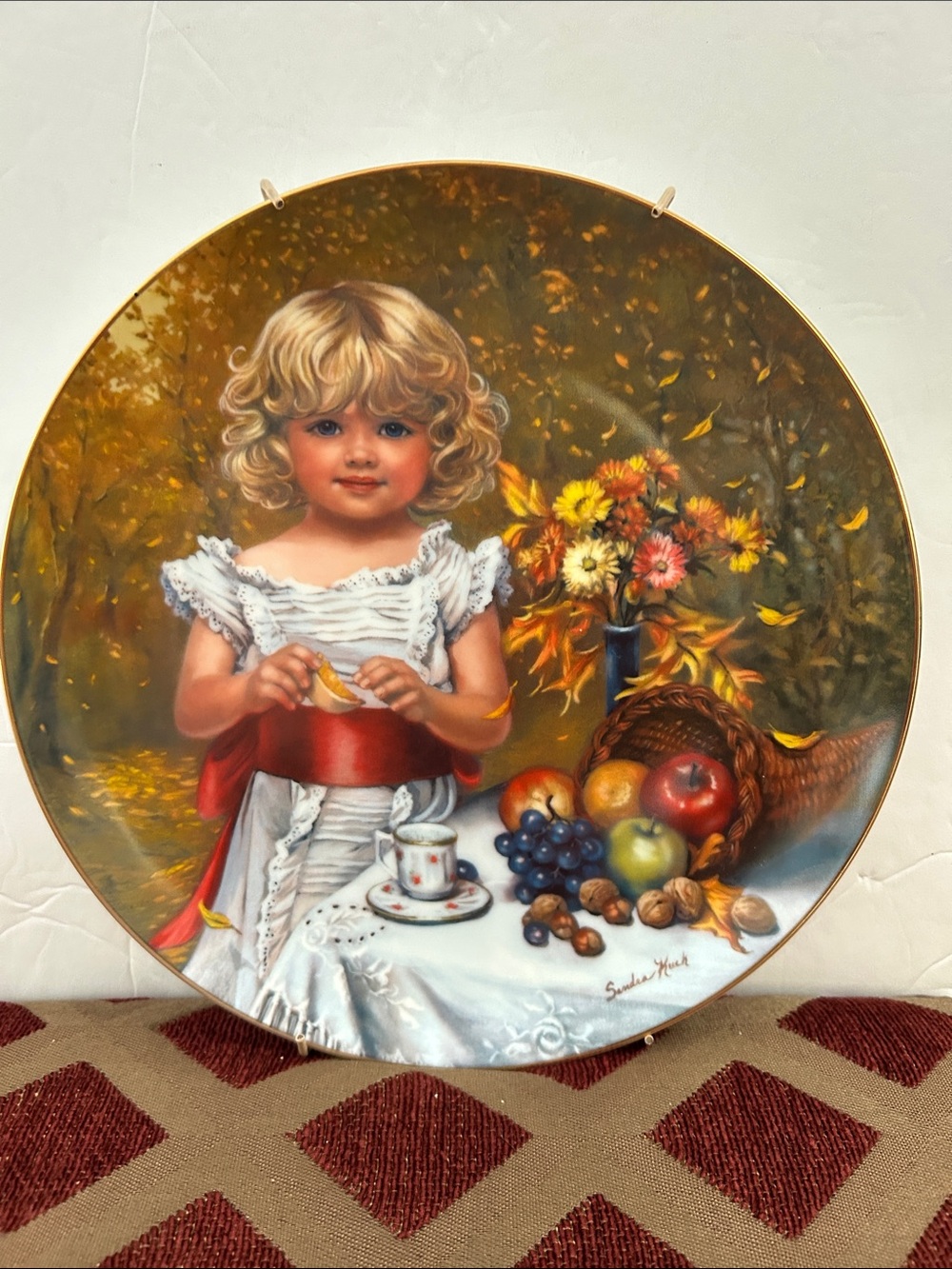 Sandra Kuck collectors porcelain plate INDIAN SUMMER little cute girl wh stand